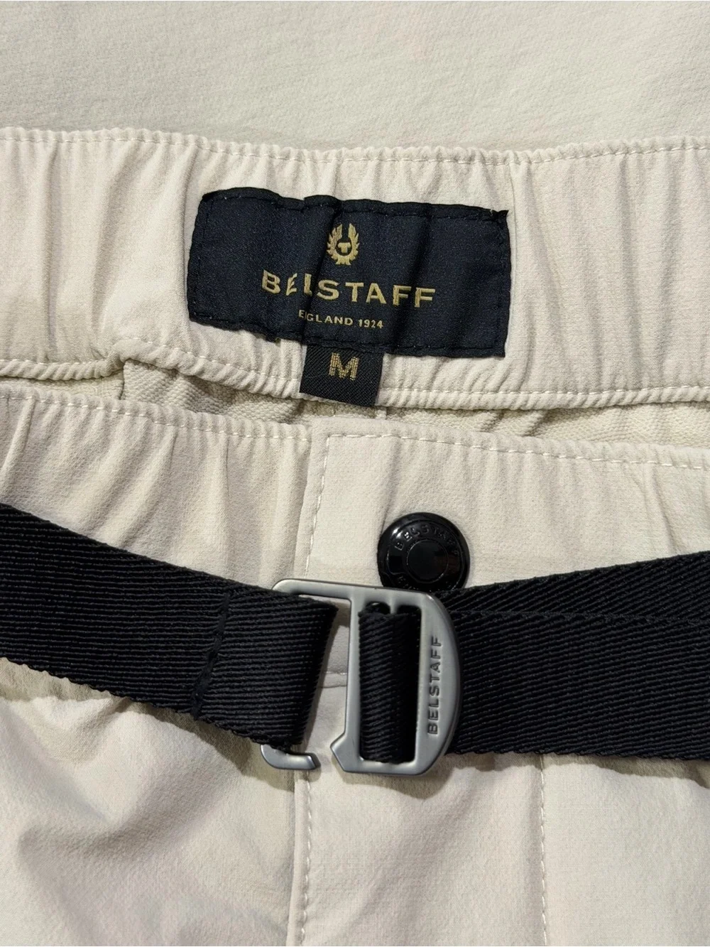 Belstaff Size Medium Ivory Cargo Jogger Pants Utility Techwear Buckle Waist